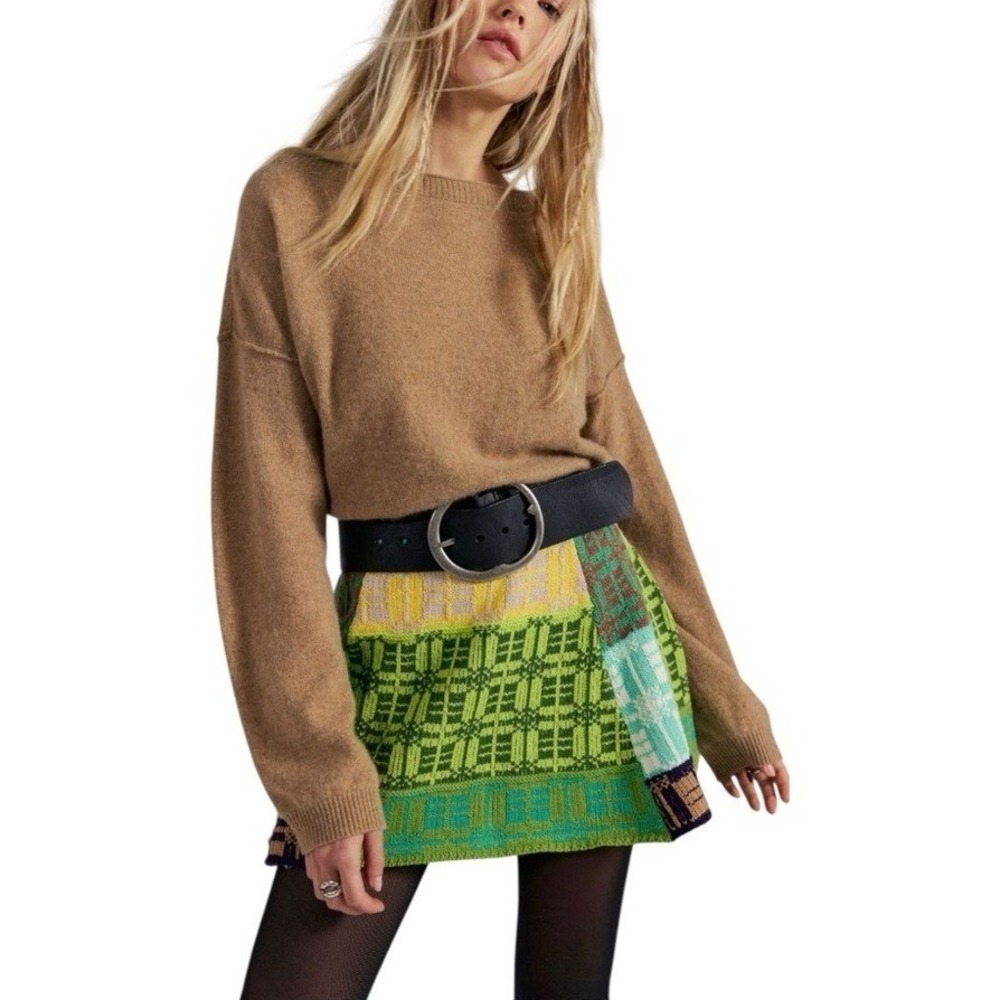 NWT Free People After School Thick Knit Patchwork Mini Skirt‎ Green Combo Small